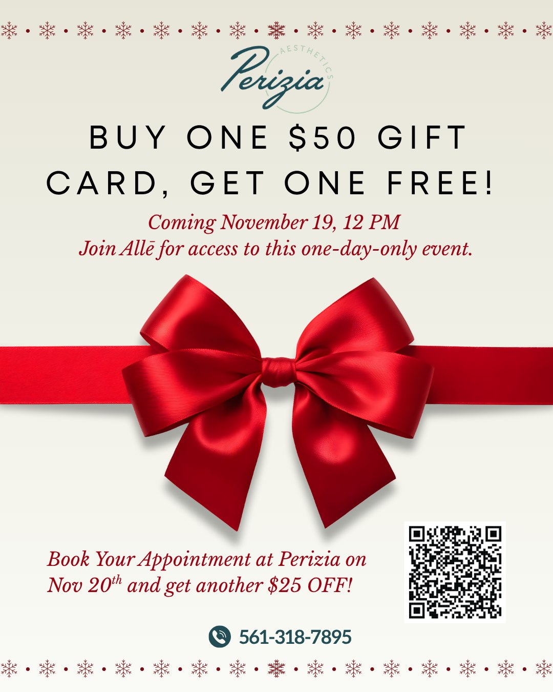 Starting today, November 19 at noon, Allē is offering a limited-time deal: purchase a $50 gift card and receive a second $50 gift card at no additional cost. That’s $100 in value for only $50.
Bring your Allē gift cards to Perizia Aesthetics on November 20, where you’ll receive an extra $25 off your BOTOX® treatment.
In total, you can take advantage of $125 in savings.
Appointments are booking quickly. Reserve your spot at Perizia Aesthetics to take full advantage of this offer.
#BotoxCosmetic #AlleRewards #BeautyDeals #AestheticSavings #PeriziaAesthetics #JupiterFL #MedSpaSpecials
