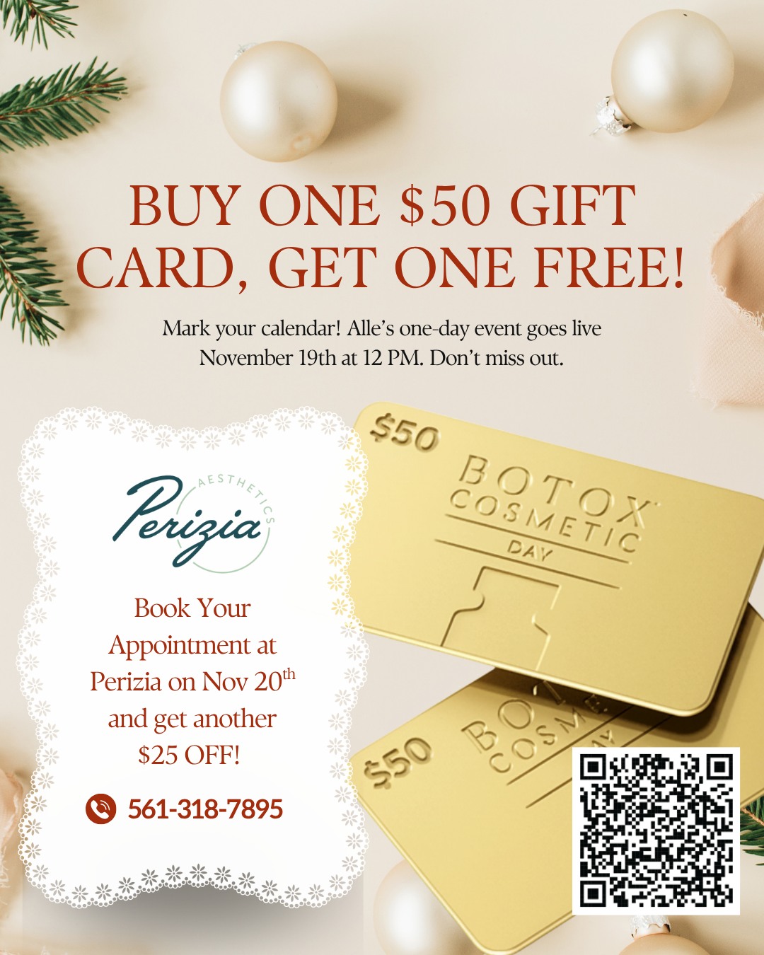 As of today, November 19 at 12 PM, Allē is releasing its annual offer: buy a $50 Allē gift card and receive an additional $50 gift card at no charge. That means $100 to spend for just $50.
Use your gift cards at Perizia Aesthetics tomorrow, November 20, and you’ll receive an additional $25 discount on your BOTOX® treatment.
Altogether, you can save $125.
Appointment slots are limited. Secure your time at Perizia Aesthetics while availability lasts.
#BotoxDay #CosmeticSavings #AlleDeals #AestheticTreatments #PeriziaAesthetics #JupiterFL #MedSpaOffers