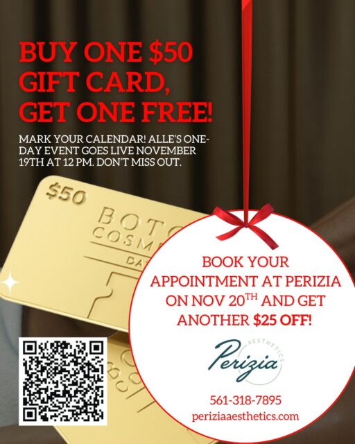 The BOTOX® Cosmetic Day Offer Just Went Live
As of 12 PM today, November 19, Allē has officially launched its once-a-year promotion: purchase a $50 Allē gift card and receive a second $50 gift card free, giving you $100 in value for only $50.
Bring your gift cards to Perizia Aesthetics on November 20, and you’ll receive an additional $25 off your BOTOX® treatment.
This brings your total savings to $125.
Appointments are limited. If you’re planning treatment this season, secure your time at Perizia Aesthetics while availability remains.
#BotoxCosmeticDay #AlleRewards #AestheticSavings #PeriziaAesthetics #JupiterFL #MedSpaDeals