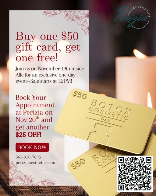 BOTOX® Cosmetic Day Has Arrived
Beginning today, November 19 at 12 PM, Allē is releasing its annual gift card promotion: buy a $50 Allē gift card and receive an additional $50 gift card at no cost, giving you $100 in total value for just $50.
Use your gift cards at Perizia Aesthetics tomorrow, November 20, and you’ll also receive $25 off your BOTOX® treatment.
Your combined savings come to $125.
This event only happens once a year, and appointment times are filling quickly. Schedule your visit at Perizia Aesthetics while openings remain.
#BotoxCosmeticDay #AlleSavings #AestheticOffers #PeriziaAesthetics #JupiterFL #MedSpaEvent