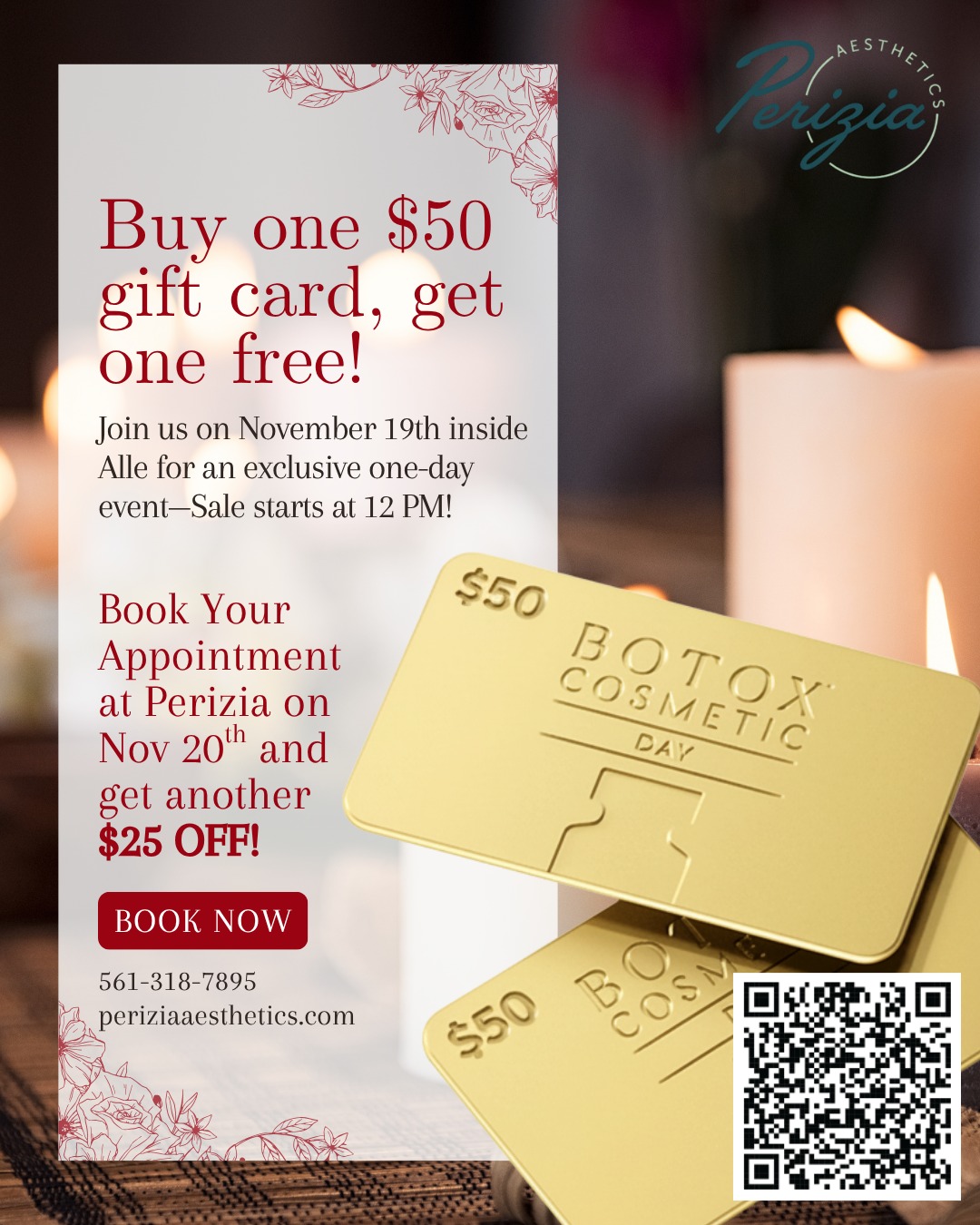 BOTOX® Cosmetic Day Has Arrived
Beginning today, November 19 at 12 PM, Allē is releasing its annual gift card promotion: buy a $50 Allē gift card and receive an additional $50 gift card at no cost, giving you $100 in total value for just $50.
Use your gift cards at Perizia Aesthetics tomorrow, November 20, and you’ll also receive $25 off your BOTOX® treatment.
Your combined savings come to $125.
This event only happens once a year, and appointment times are filling quickly. Schedule your visit at Perizia Aesthetics while openings remain.
#BotoxCosmeticDay #AlleSavings #AestheticOffers #PeriziaAesthetics #JupiterFL #MedSpaEvent