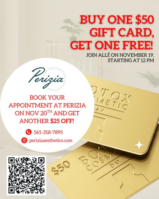 BOTOX® Cosmetic Day has officially arrived.
Beginning today, November 19 at 12 PM, you can purchase a $50 Allē gift card and receive a second $50 gift card at no additional cost. That’s $100 in value for only $50.
Bring your Allē gift cards to Perizia Aesthetics tomorrow, November 20, and you’ll receive an extra $25 off your BOTOX® treatment.
Your total combined savings: $125.
Availability is limited. Reserve your appointment at Perizia Aesthetics today to make the most of this offer.
#BotoxCosmeticDay #BeautySavings #AlleRewards #AestheticSpecials #PeriziaAesthetics #JupiterFL #MedSpaPromotions