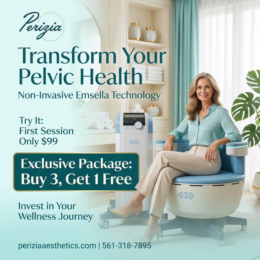 Strong pelvic health is essential to confidence, comfort, and overall wellness—and it’s never too late to invest in yours.

Emsella is a revolutionary, non-invasive treatment that strengthens pelvic floor muscles while you remain fully clothed and comfortably seated. With no downtime, it helps improve core strength, bladder control, and quality of life in a series of quick sessions.

Try your first session for just $99 and take advantage of our exclusive Buy 3, Get 1 Free package.

Support your body. Restore confidence. Invest in your wellness journey today.

#PeriziaAesthetics #EmsellaTreatment #PelvicHealth #Women’sWellness #NonInvasiveWellness #ConfidenceFromWithin #PalmBeachAesthetics