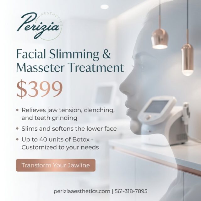 If jaw tension, clenching, or facial heaviness has been holding you back, this treatment delivers both relief and refinement.

Our Facial Slimming & Masseter Treatment is expertly designed to relax overworked jaw muscles, ease discomfort from clenching or grinding, and gently slim and contour the lower face. Each treatment is fully customized, using up to 40 units to ensure balanced, natural-looking results that enhance your facial harmony.

Feel the difference. See the definition. Transform your jawline with confidence.

#PeriziaAesthetics #FacialSlimming #MasseterTreatment #JawlineDefinition #TMJRelief #LowerFaceContouring #AestheticExpertise #PalmBeachMedSpa