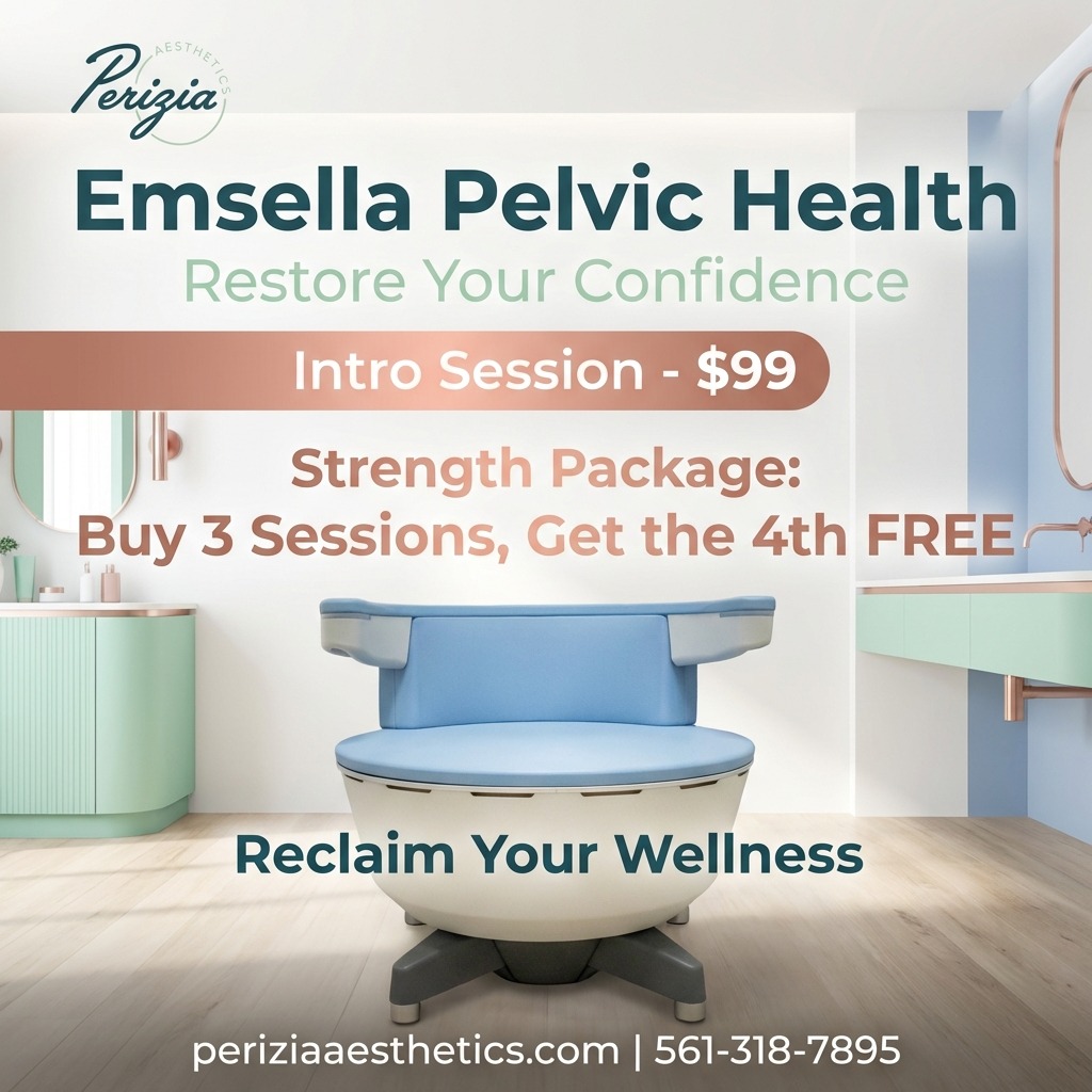 Pelvic health plays a powerful role in your everyday comfort, confidence, and quality of life—and it deserves expert care.

Emsella is a non-invasive, clinically advanced treatment designed to strengthen pelvic floor muscles while you sit comfortably, fully clothed. With no downtime and no disruption to your routine, Emsella helps support improved bladder control, core strength, and overall wellness in a way that feels effortless yet effective.

Start your journey with an introductory session for just $99, then build lasting results with our Strength Package: buy three sessions and receive the fourth free.

It’s time to reclaim your wellness and feel confident from the inside out. Call today to reserve your session.

#PeriziaAesthetics #Emsella #PelvicHealth #WomensWellness #NonInvasiveWellness #RestoreConfidence #WellnessJourney #PalmBeachAesthetics