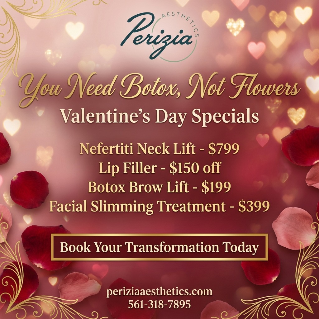 Every Valentine’s season, clients tell us the same thing:
“This was the best gift I gave myself.”

Our Valentine’s Day Specials were created for those who want subtle, confident enhancements with professional care and precision.

Nefertiti Neck Lift – $799 
Lip Filler – $150 off 
Botox Brow Lift – $199 
Facial Slimming Treatment – $399

Celebrate yourself this Valentine’s Day at Perizia Aesthetics in Jupiter, FL.

#ValentinesDaySpecials #PeriziaAesthetics #BotoxJupiter #LipFillerSpecial #SelfCareSeason